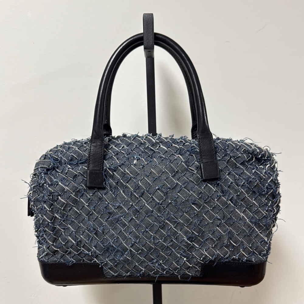 Bottega Veneta Blue Distressed Denim Intreciciato Satchel